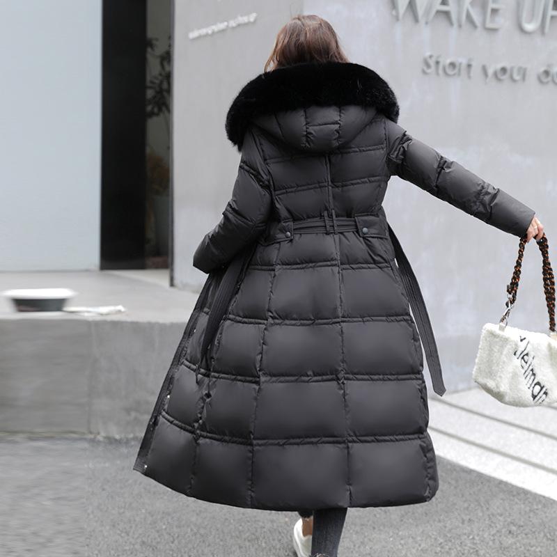 Women's Autumn And Winter Overcoat Long Knee-length Down Cotton Jacket Large Wool Collar Slim Fitting Waist Band Cotton Jacket