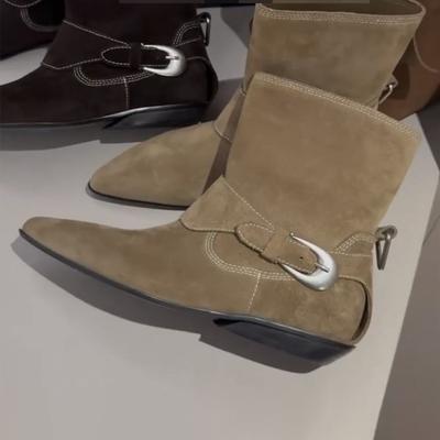 Модные зимние ботильоны 2024 года, осень и зима, Niche Frosted Suede, низкие каблуки, остроносые, ковбойские сапоги в стиле вестерн для женщин, Botas De Mujer