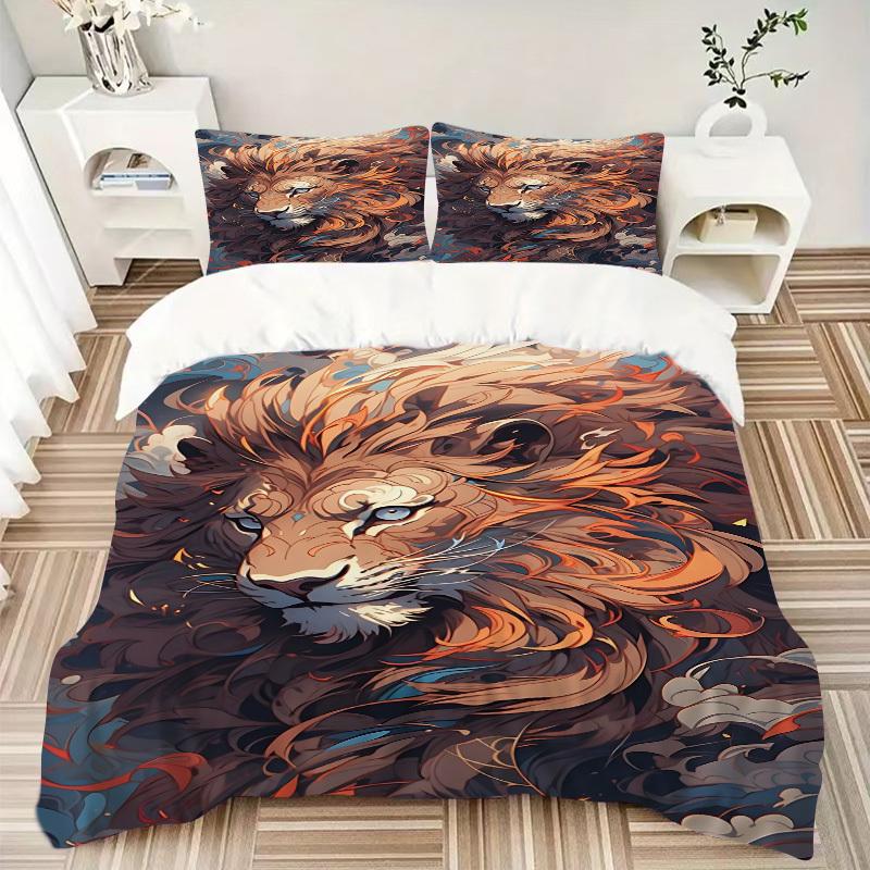 3pcs Lion Print Duvet Cover Set, Cover For Bedroom Guest Room (1 Duvet Cover + 2 Pillowcase, Without Quilt), yy250922233