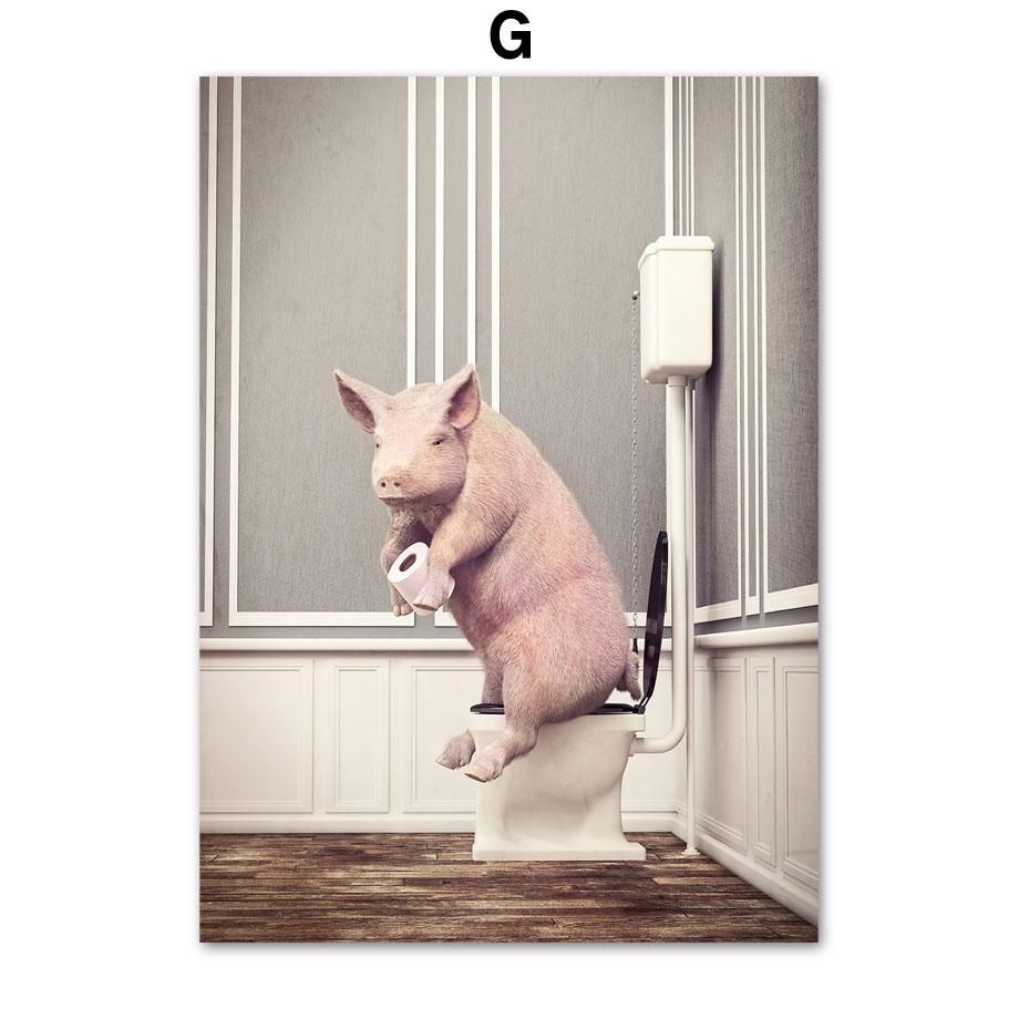 Ванная комната Юмор Дракон Жираф Слон Медведь Корова Енот Настенная живопись Печать на холсте Картина Ванна Плакат на скандинавскую тему Декор для туалетной комнаты