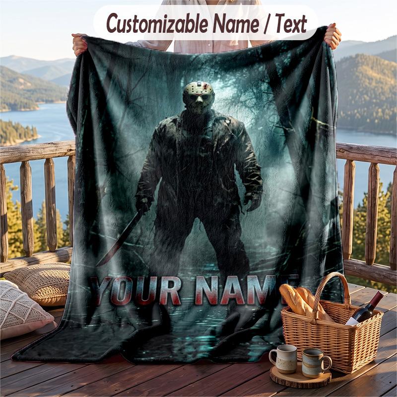 Custom Text Flannel Throw Blanket, Lightweight Cozy Bed Sofa BlanketFriday the 13th Jason Voorhees