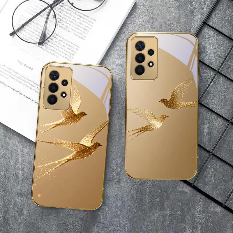 golden flying bird For Samsung A 01 52S A04 A05S A10 A12 A13 22 23 24 36 42 M02 Note 10 20Ultra 8 9 Golden glass phone case
