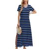 Женское полосатое платье миди с разрезом по бокам и V-образным вырезом с коротким рукавом, повседневное, свободное праздничное платье