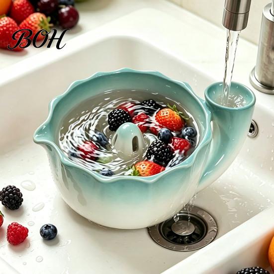 Ceramic Fruit Bowl for Kitchen Berry Washing with Drainage Holes, Self Rinsing Swirl Wide Mouth Lace Edge Colander, Large Capacity Colander