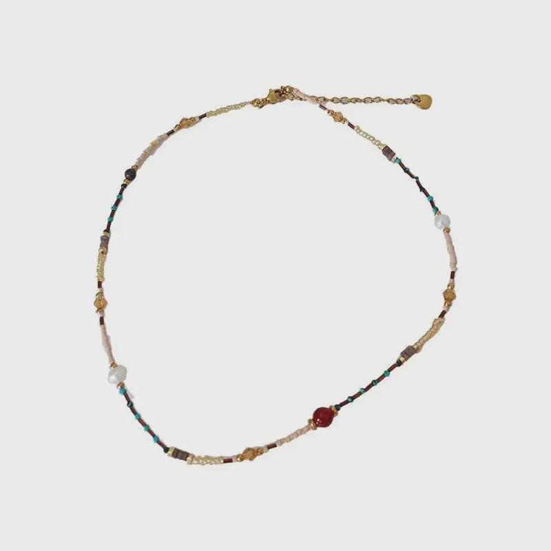 Женское ретро этническое ожерелье из бусин с имитацией агата и жемчуга: Легкая роскошная ключичная цепочка