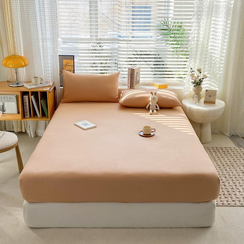 Simple Solid Color Blue Fitted Sheet Set 3Pcs Japanese Style Mattress Cover Skin-friendly Breathable Queen Size Bedding Set