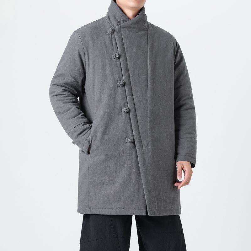 Мужская плотная хлопково-льняная куртка в китайском стиле с пуговицами-лягушками, воротником-стойкой, средней длины, большого размера, костюм Тан.