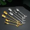 Golden Silver Water Cup Stirring Spoons Leaf Shape Dessert Spoon Fork Fruit Scraping Spoon Fork