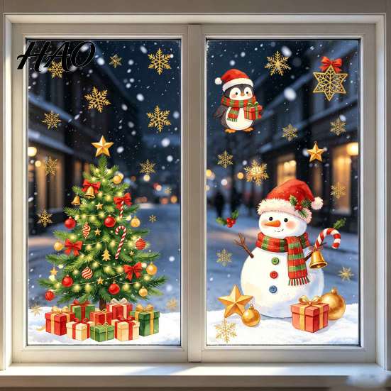 Christmas Party Supplies Window Clings, Cute Santa Claus Snowman Xmas Tree Stickers, Theme Wall Decals Winter PVC Static Glass Decal for Living Room,