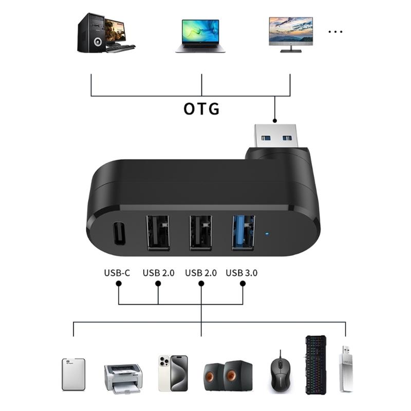 4-портовый USB 3.0 2.0 хаб, вращающийся на 180°, USB C, высокоскоростная передача данных, разветвитель для дисков, адаптер для ноутбука, ПК