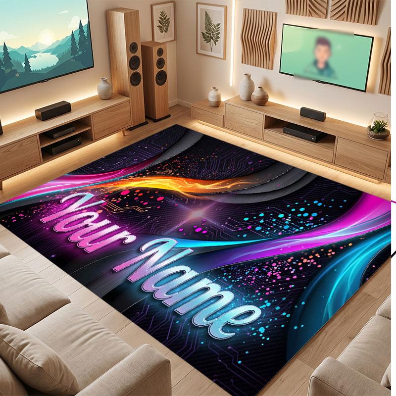 City Cyberpunk Theme Crystal Velvet Floor Rug Personalized Custom Name Text Warm Carpet Home Decoration