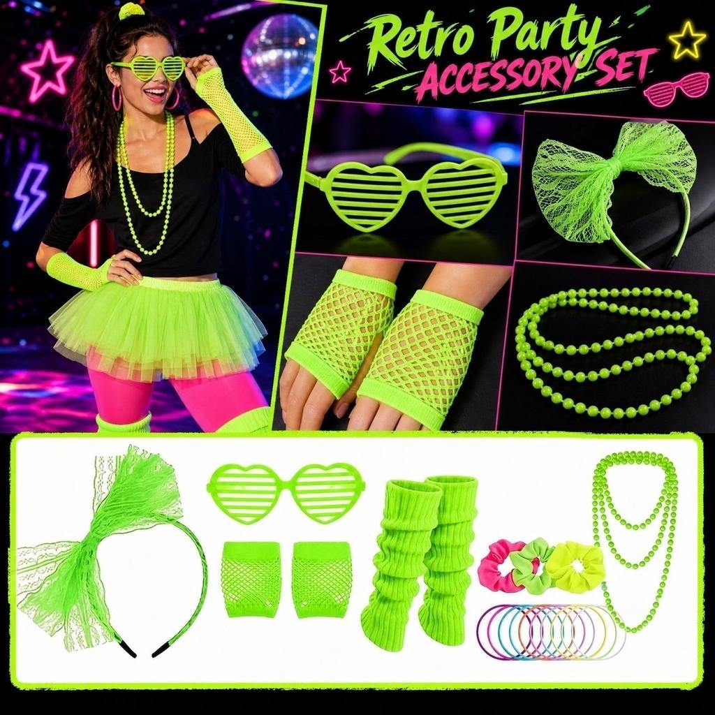 Retro Party Costume Accessory Set with Bracelet, Headband, Leg Warmers, Gloves, Sunglasses, Necklace,