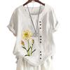 Classic Floral and Bamboo Pattern Women's Comfortable Cotton Linen Casual Tee with Round Neck and Short Sleeves S-5XL