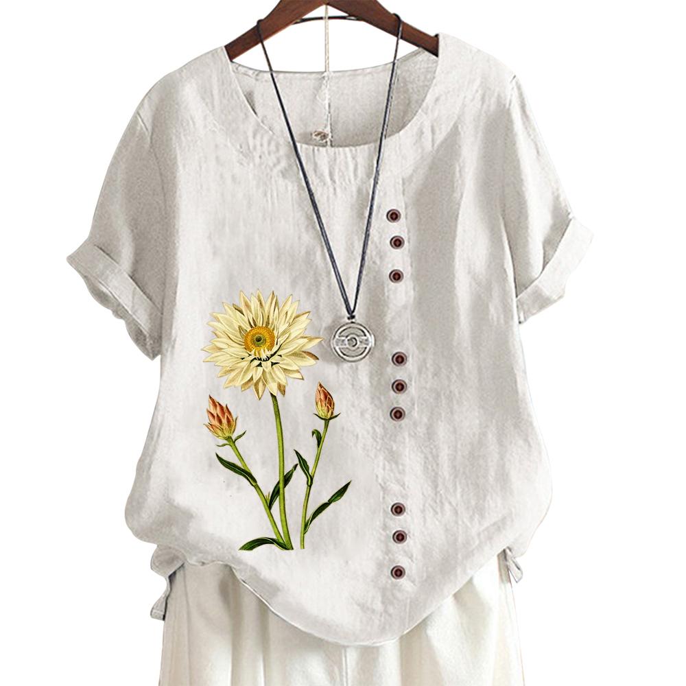 Classic Floral and Bamboo Pattern Women's Comfortable Cotton Linen Casual Tee with Round Neck and Short Sleeves S-5XL
