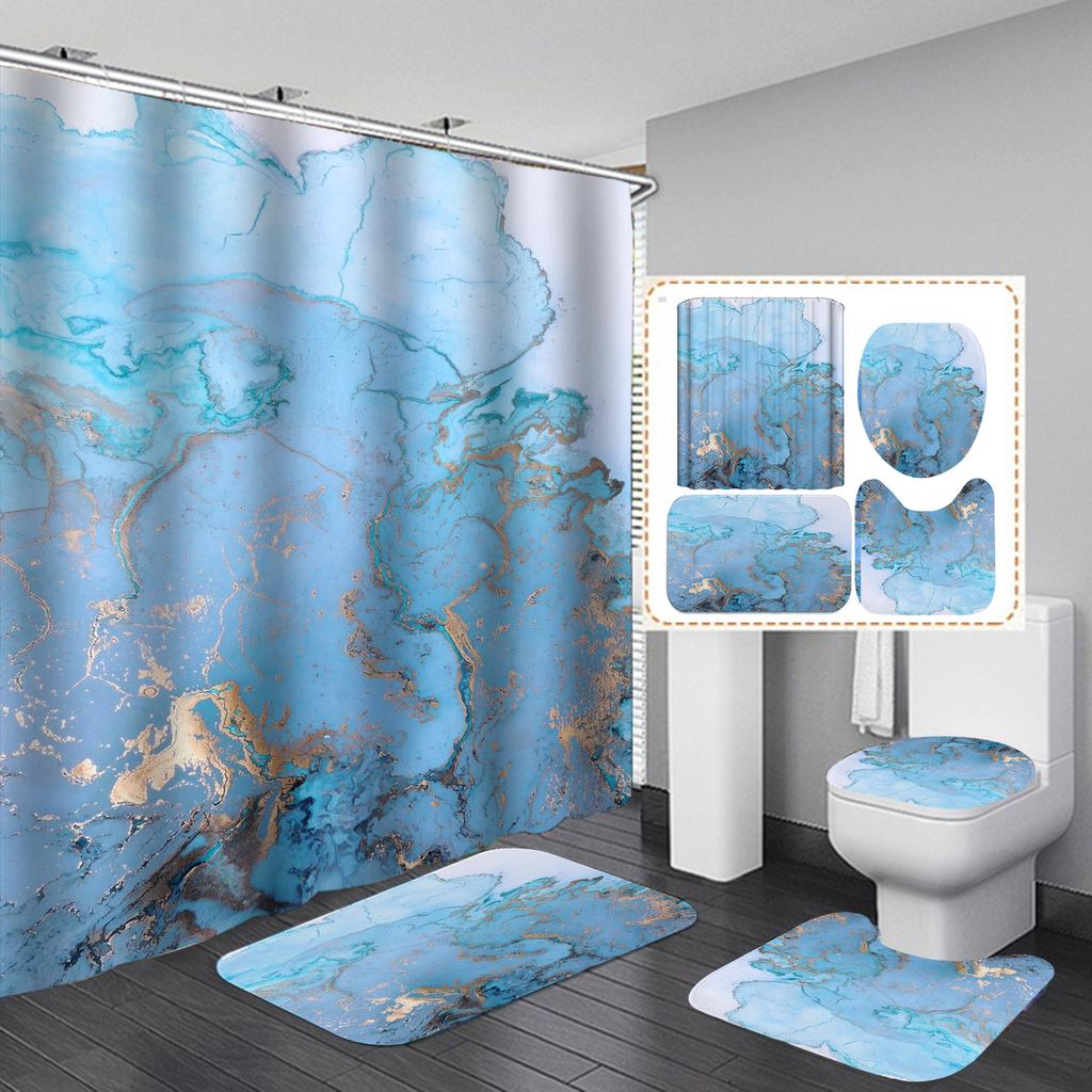 4Pcs Luxury Marble Shower Curtain Sets Bathroom Decor Sets with 12 Hooks Bath Mat Toilet Lid Rug and Non-Slip U Shape Mat