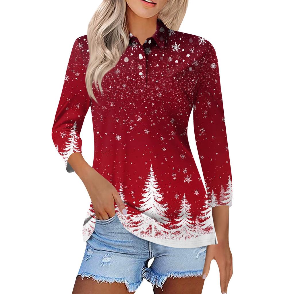 Women's Fashion Casual Lapel Short 3/4 Sleeve Christmas Print Shirt Women's Button Up Tops