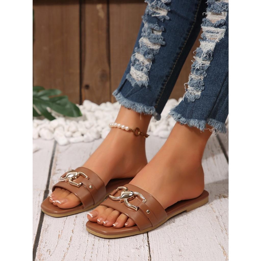 Women's New Fashion Slippers, Classic Temperament, Versatile Solid Color, Metal Decoration Square Head Flat Sandals
