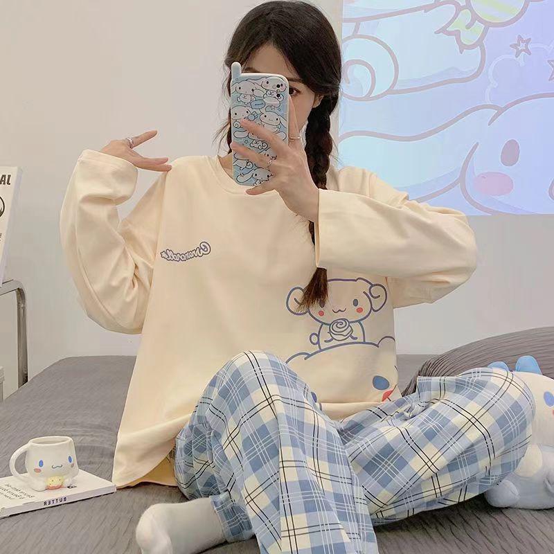 Женский пижамный комплект с длинным рукавом - Милый мультяшный принт, Большой размер, для весны и осени, для дома/улицы