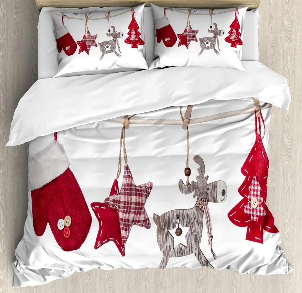 Christmas Duvet Cover Set, Snowman With Santa Hat In The Garden With A Gift Box And Candle Cartoon Image Polyester Bedding Set