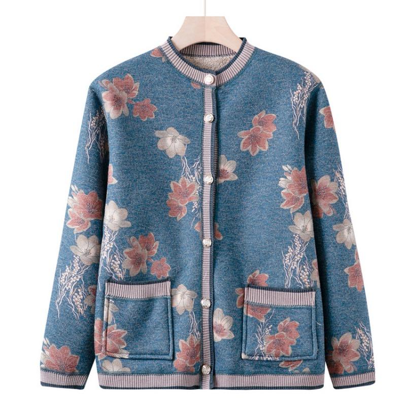 Бабушкин осенний повседневный кардиган флис утолщенный для среднего возраста пожилых людей осенне-зимняя одежда женская одежда для мамы новый вязаный свитер куртка