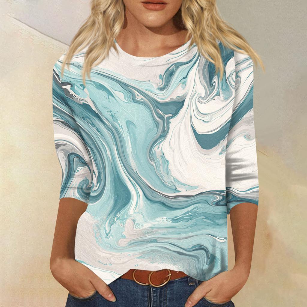 Женская модная повседневная футболка с круглым вырезом, рукавом три четверти и градиентным принтом