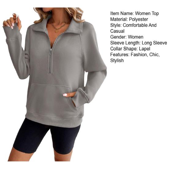 Women's Sweatshirts Half Zip Long Sleeve Lapel Sweater Casual Pullover Top with Pocket Autumn Loose Clothes