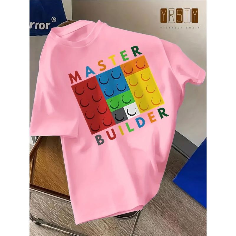 European sizes The T-Shirt Features a Colorful Block Pattern And The Words 'MASTER BUILDER', Making It a Stylish Casual Outfit Suitable