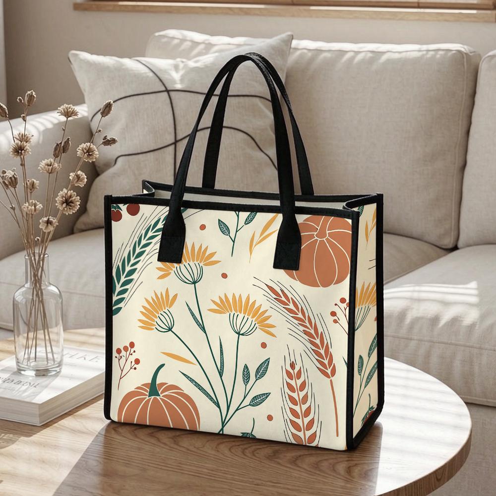 Autumn Pumpkin Pattern Canvas Tote Bag Casual Large Capacity Handbag for Daily Use