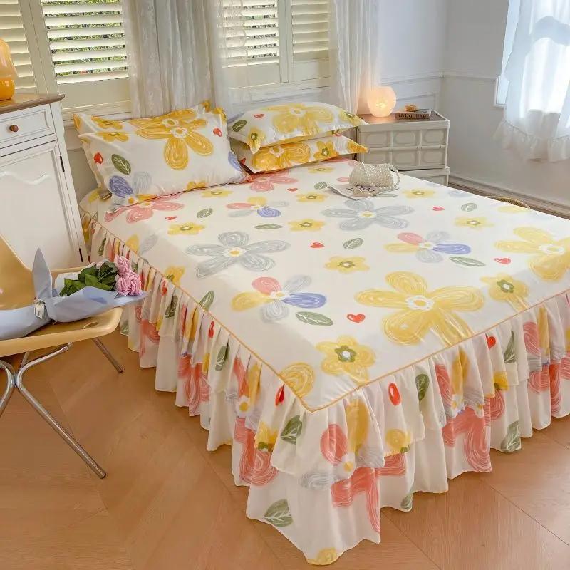 Комплект юбки с цветочным узором, матрас, противоскользящий защитный чехол для домашнего постельного белья, двухслойная юбка, пылезащитный чехол на кровать