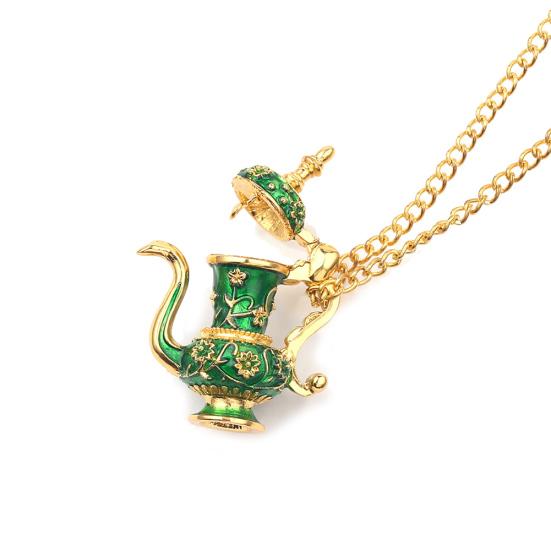Винтажный эмалевый зеленый чайник, кулон, длинная цепочка, женский свитер, ожерелье, ювелирные изделия