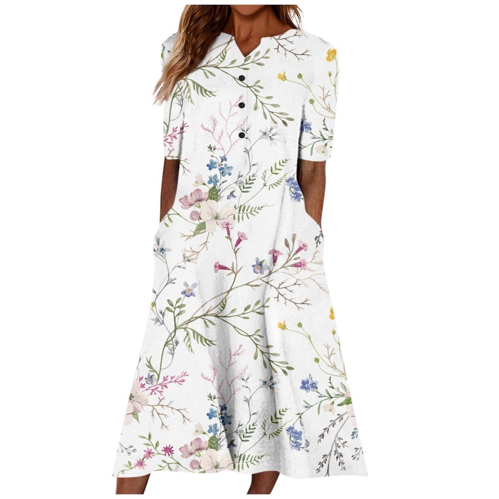 Women's Summer Casual Fashion Floral Printed Short Sleeve Button Pocket Dress