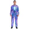 Mens Shiny Metallic Turn Down Collar Long Sleeve High Waist Jumpsuit Halloween Costume