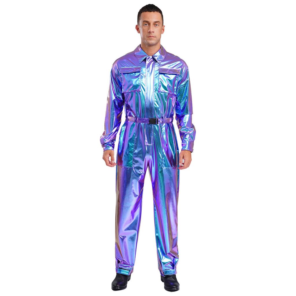 Mens Shiny Metallic Turn Down Collar Long Sleeve High Waist Jumpsuit Halloween Costume