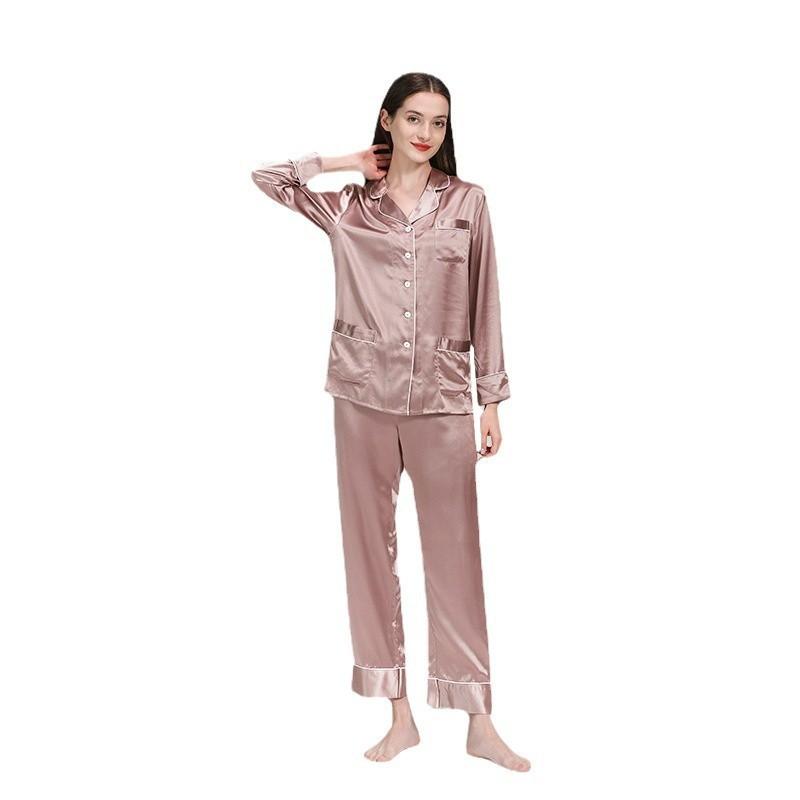 Womens 100% Pure Silk Pajama Set Long Sleeve V-Neck Lightweight Sleepwear With Multiple Pockets French Style Home Loungewear