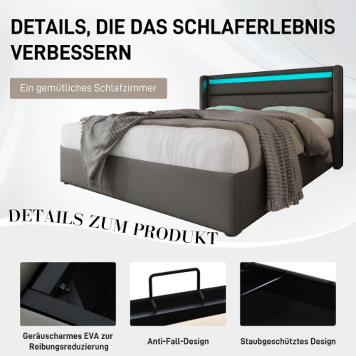 Lit de rangement hydraulique - MUVOE - 140x200cm - Gris - Éclairage LED - Télécommande