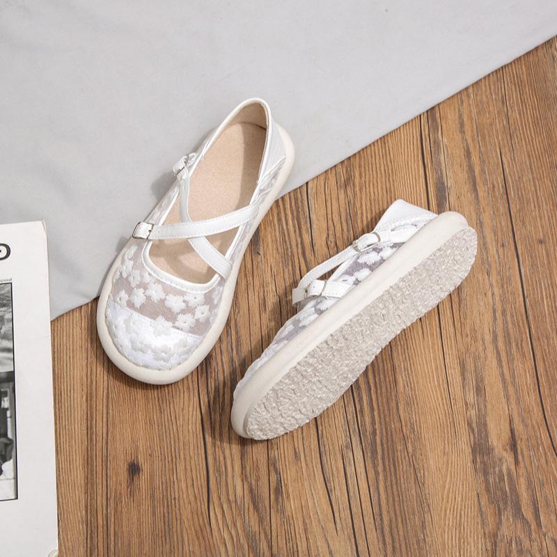 Модная женская обувь на одинарной подошве Лето 2025 Новая Толстая подошва Сетка Вышивка Кружево Тканевая обувь Повседневная Удобная Дышащая Спортивная обувь