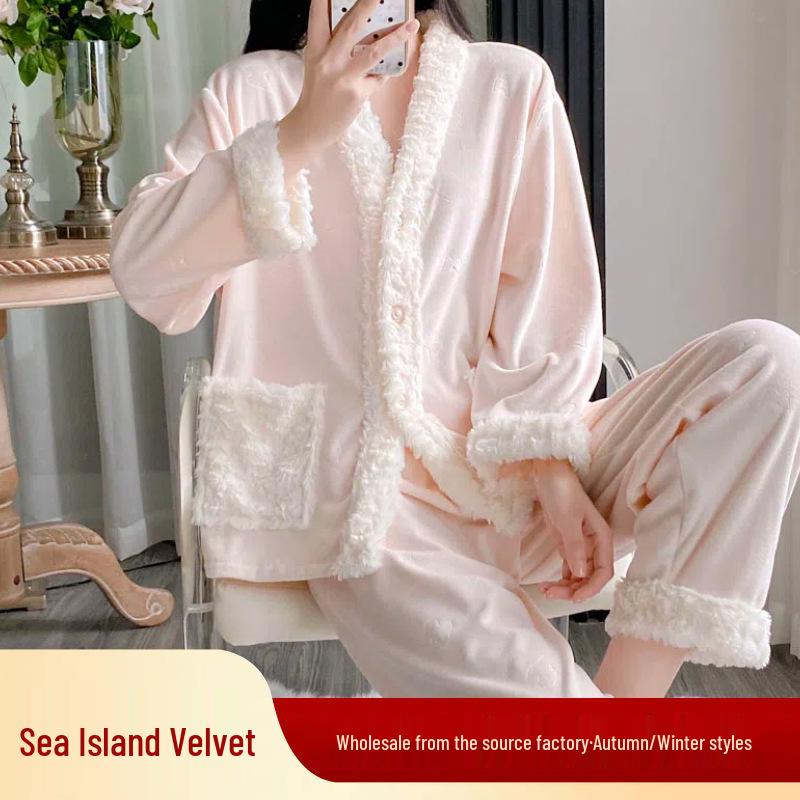 Женский флисовый пижамный комплект из хлопка Sea Island – с длинным рукавом и брюками для осени/зимы.