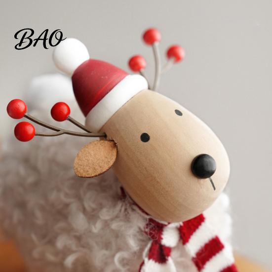 Cute Animal Table Decorations Wooden Christmas Sheep Figurine with Scarf Santa Hat, Plush Fleece Versatile Wood Art Pieces Lamb Tabletop Ornament,