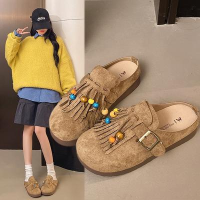 Ретро кисточки бисерные тапочки женские для улицы осенние новые с одной педалью повседневные сумка на носок полутапочки