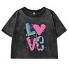 Color Graffiti Letter Love Print T-Shirts Women Washed Fashion Casual Crop Top Street Tops Summer Cotton Short Sleeve