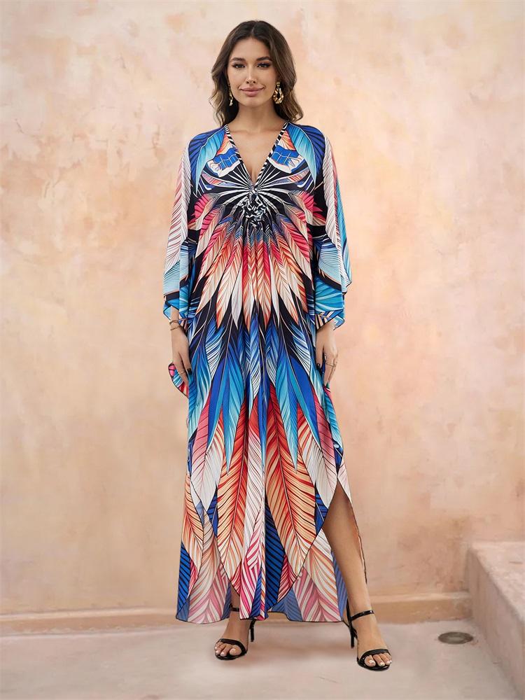 EDOLYNSA Лето 2024 года, пляжное платье макси в стиле бохо с принтом, свободный V-образный вырез, рукав «летучая мышь», кафтан с боковым разрезом, женская пляжная одежда, купальник, накидки Q1588