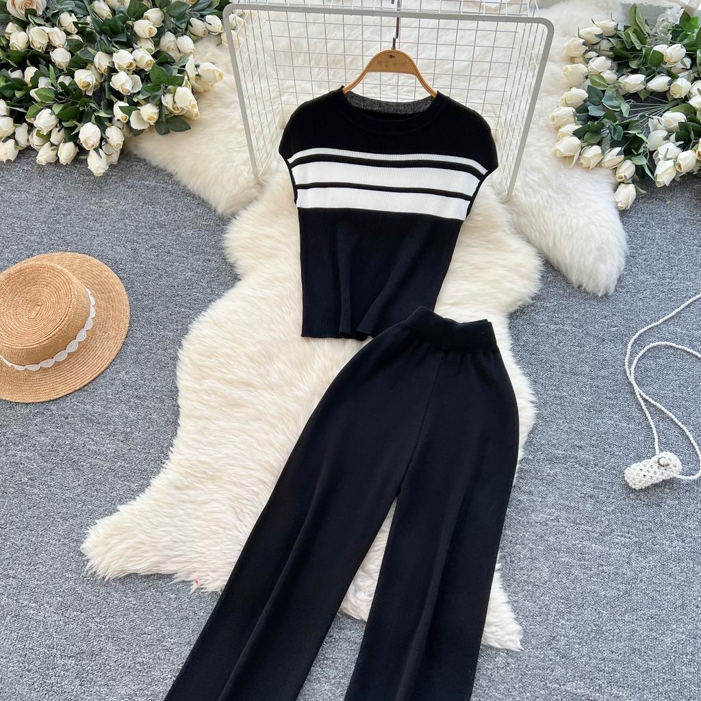 Летний женский повседневный полосатый трикотажный свитер, комплект из двух предметов, безрукавный пуловер и широкие брюки