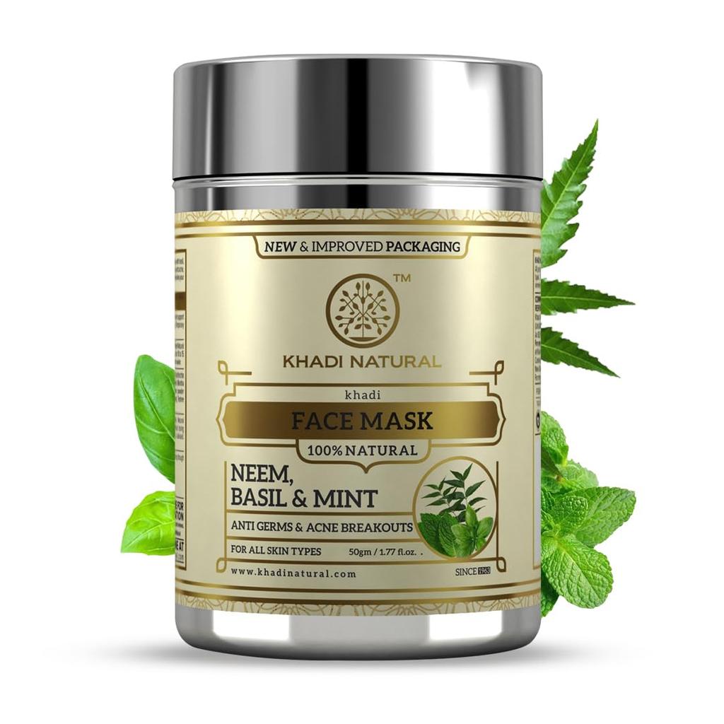 KHADI NATURAL Маска для лица от прыщей с нимом, базиликом и мятой 50 г Травяной уход для чистой сияющей кожи