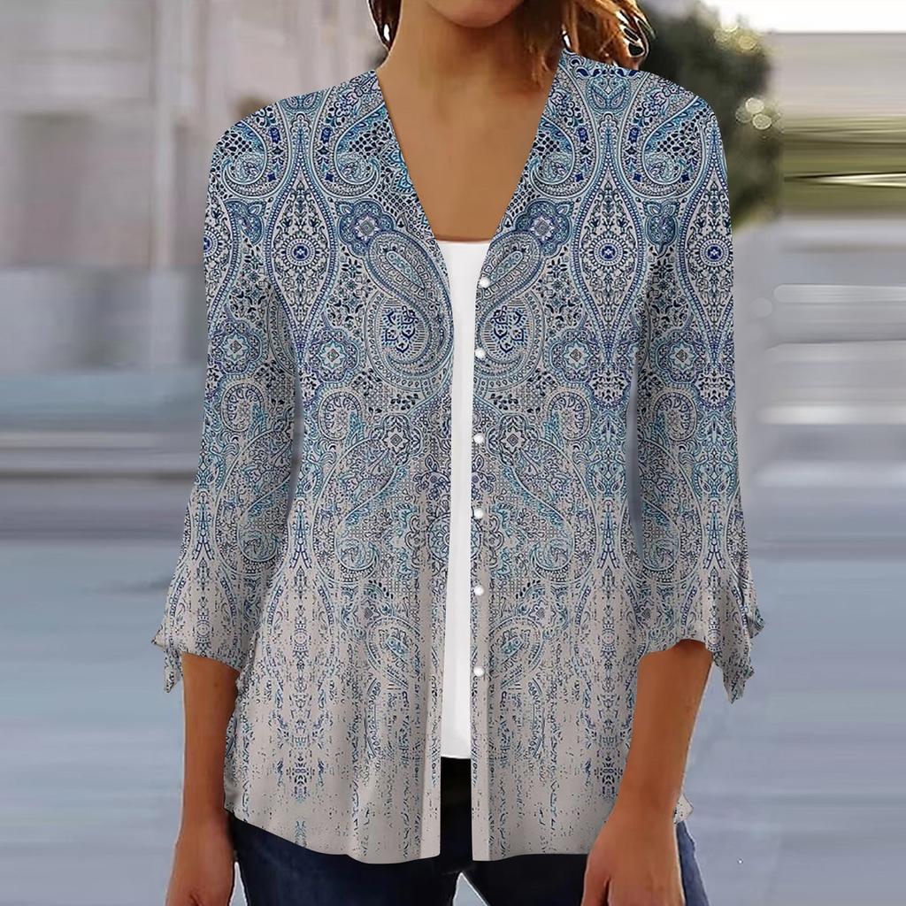 Women's Shirt Blouse Outerwear Print 3/4 Length Sleeve Casual Holiday Basic Button Tops