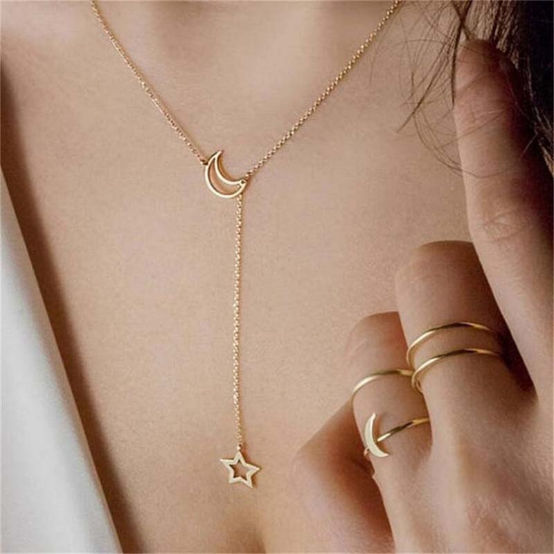 Gold Silver Star Moon Pendant Necklace For Women Simple Metal Long Tassel Cross Chain Necklace Jewelry
