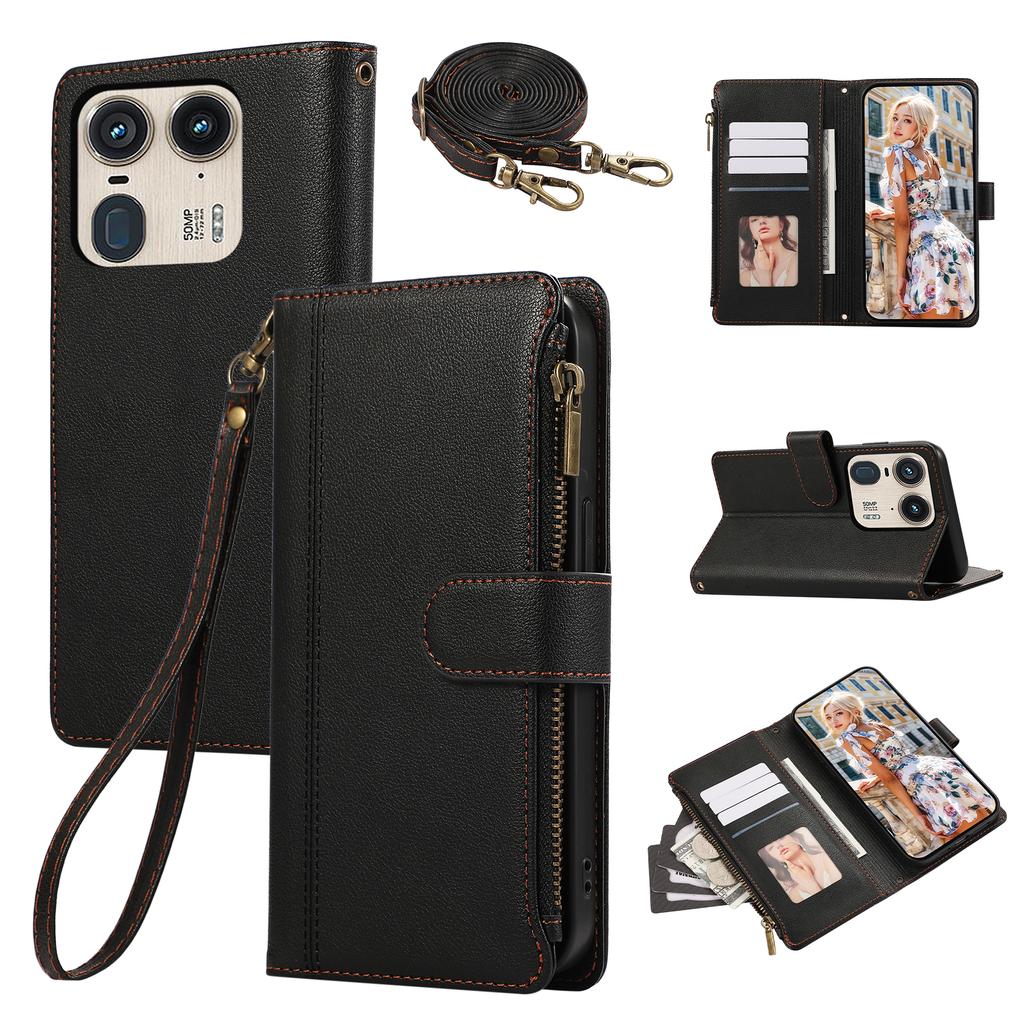 Чехол для Motorola Edge 50 Ultra 5G/Moto X50 Ultra 5G с несколькими отделениями для карт, на молнии, кожаный чехол для телефона с плечевым ремнем/ремешком на запястье