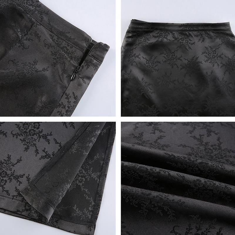 Женские черные длинные юбки, винтажная атласная юбка с цветочным принтом, женские юбки с высокой талией и разрезом по бокам, летние повседневные наряды