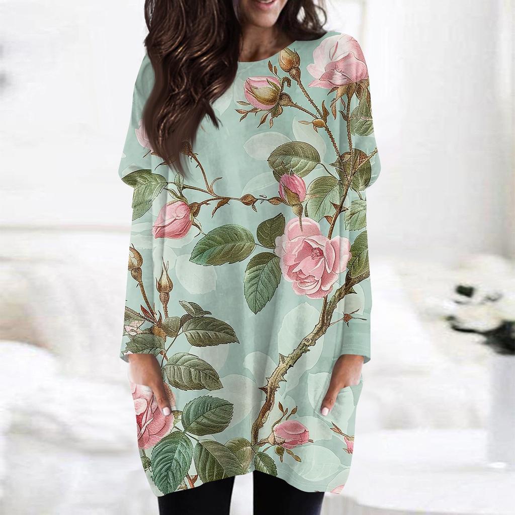 Women's Fashion Casual Long Sleeve Print Round Neck Double Pocket T-Shirt Top