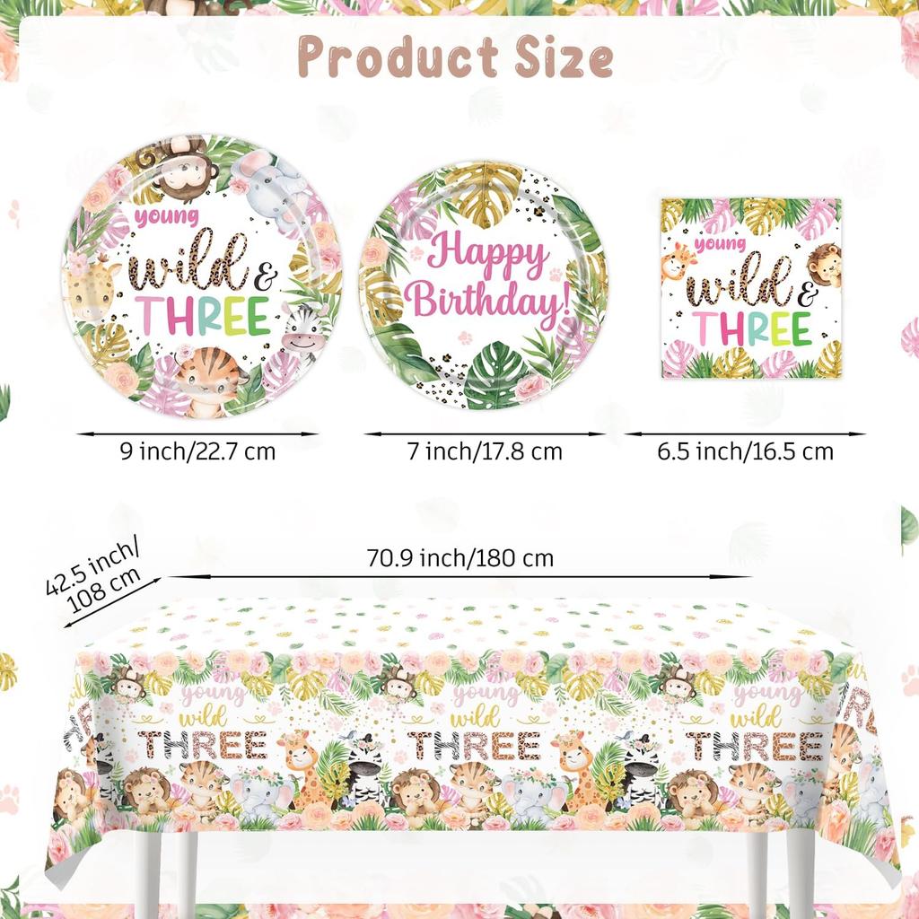 138pcs Young Wild and Three Party Decorations Plate, Safari Wild and Three Party Decorations Plate Napkins Tablecloth Banner for Jungle Young Wild
