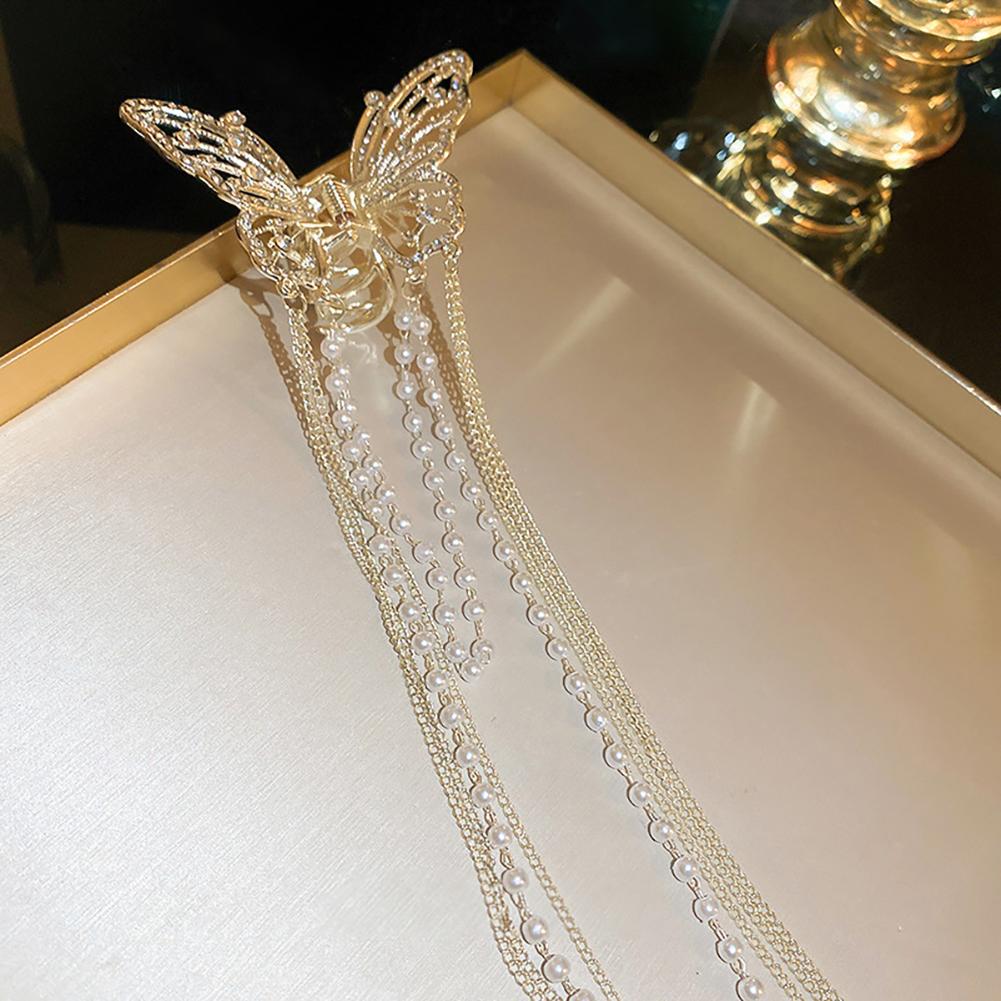 Rhinestone Butterfly Pearl Fringe Hairpin Fashionable Temperamental Hair Claw Clip Headwear Hair Accessory for Women